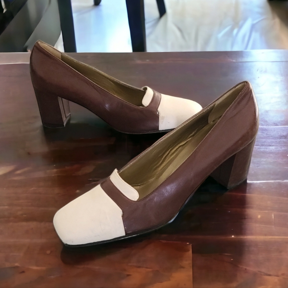 VTG YSL Retro Mod Square Toe Leather Pumps 8 N Heels Brown Yves Saint Laurent - Picture 10 of 16